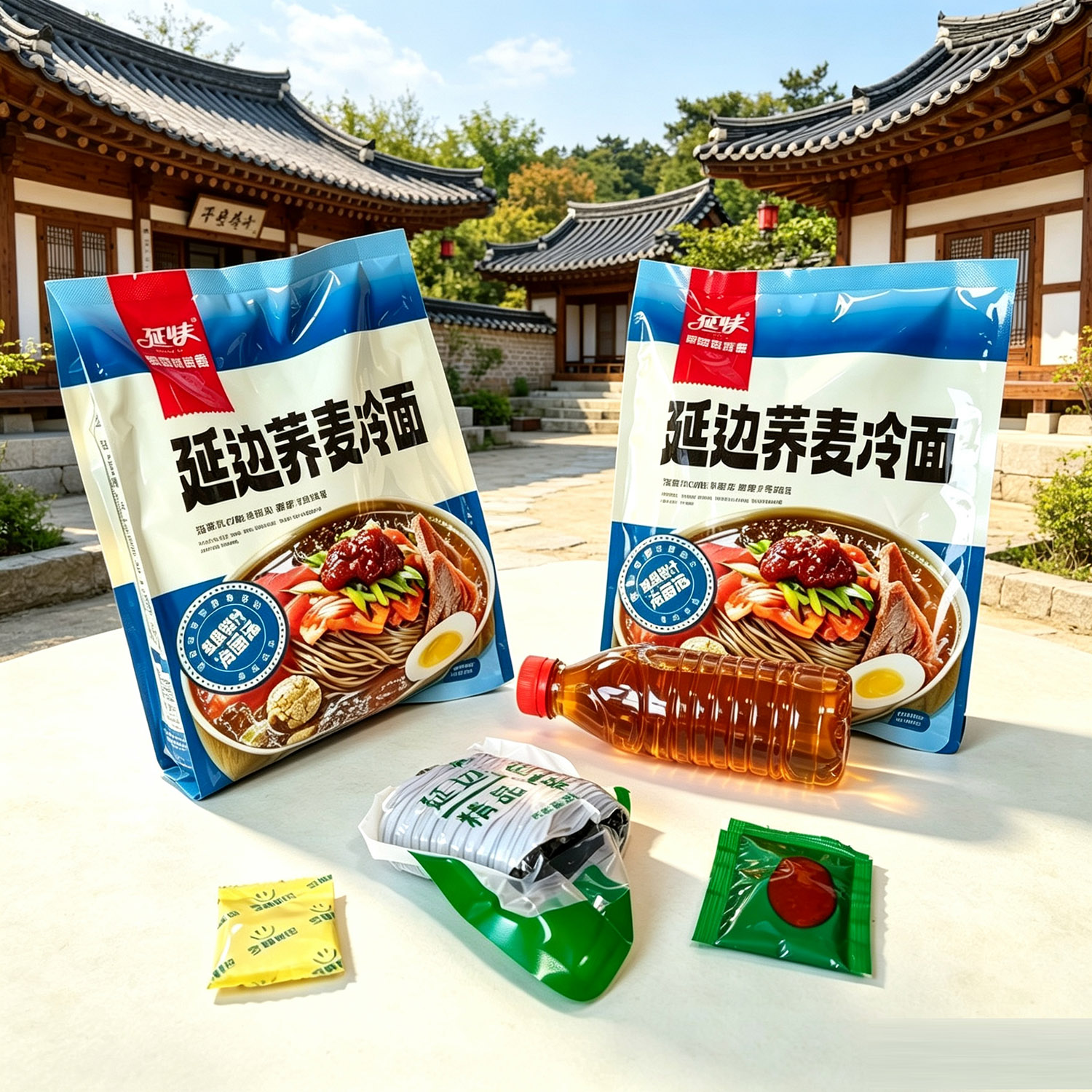 延边荞麦冷面包装，内含面饼与苹果梨汁冷面汤料包